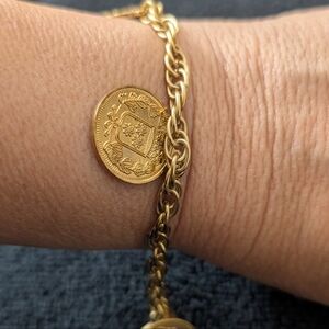 Gold Tone Coin Charm Bracelet St George Dragon Medieval Style Vintage Look